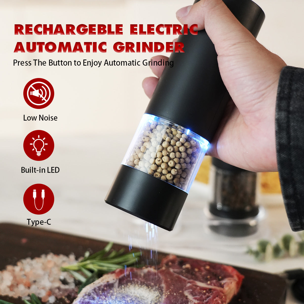 MEMOLMA Automatic Electric Salt and Pepper Grinder - One-Handed Spice Mill